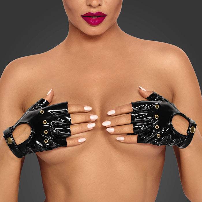Sexy Latex Look Faux Patent Leather Fingerless Gloves