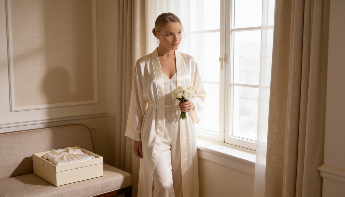 Bride in an ivory robe preparing for her wedding evening
