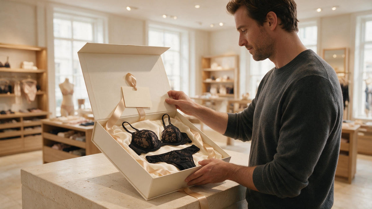 Man choosing a black lace lingerie gift in an elegant boutique