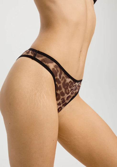 Close-up side view of Sheer High-Leg Bikini Panty Blush The Mesh Leopard highlighting sheer mesh fabric and high-leg French cut fit.
