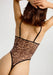 Back view of Sheer Mesh Leopard Bodysuit featuring non-adjustable straps and high-cut leg design for a flattering silhouette.