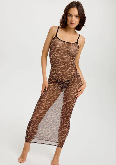 Mesh Maxi Dress Blush in leopard print with sheer stretch fabric and spaghetti straps, perfect as a sexy nightdress or loungewear piece.