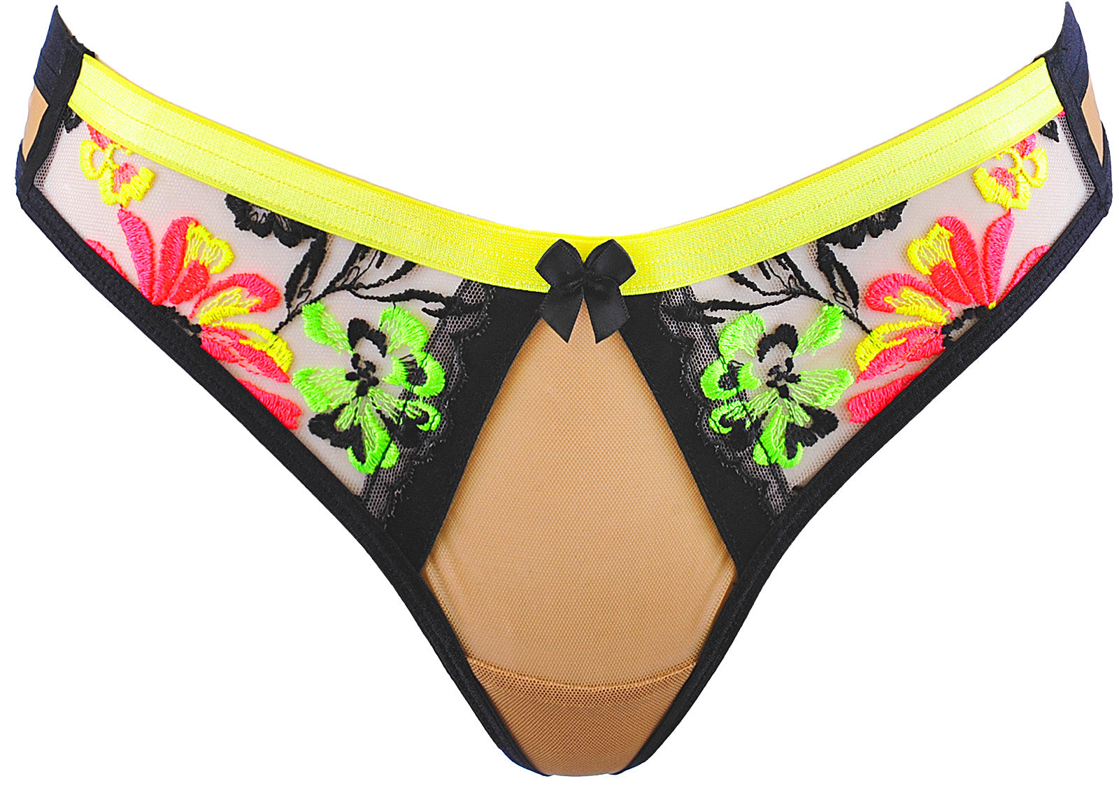 Model wearing colorful embroidered lingerie set with floral design