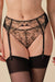 Gossard VIP Fleur de Nuit Sheer Mesh Garter Belt with Swiss-designed floral embroidery and gold lurex on nude mesh, front view close-up.