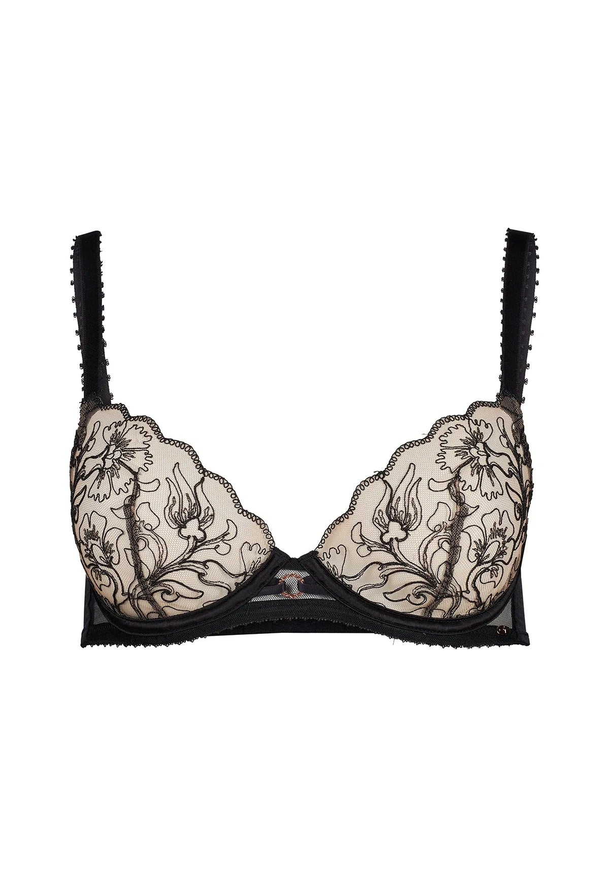 Product close-up of VIP Fleur de Nuit Sheer Plunge Bra by Gossard, featuring black floral Swiss embroidery and underwire support for a luxury finish.
