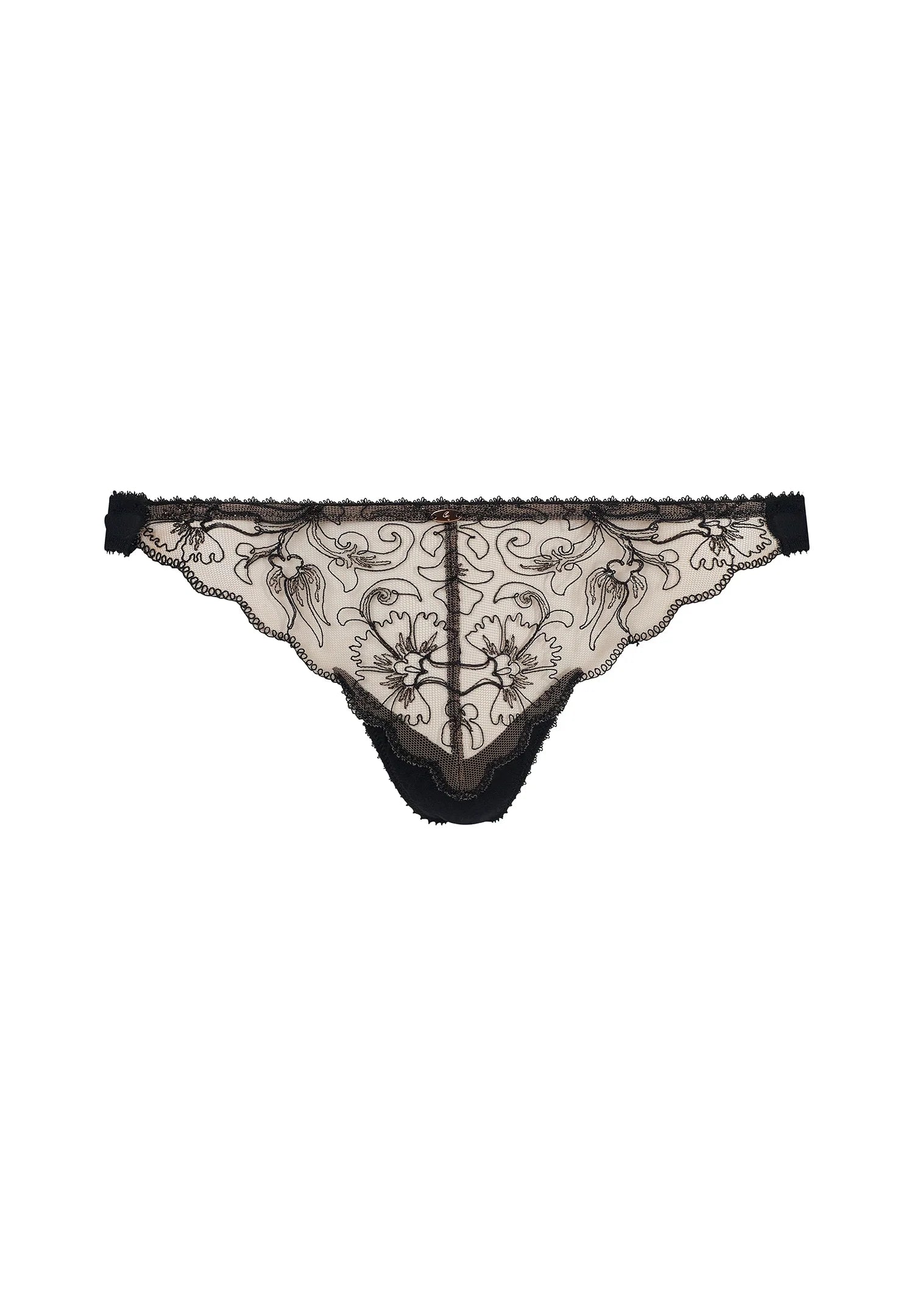 Gossard VIP Fleur Thong in sheer black mesh with Swiss floral embroidery and scalloped edges, luxury lingerie for women.