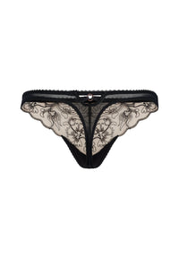 Gossard VIP Fleur Thong in sheer black with Swiss floral embroidery and gold accents, designed for elegant and luxurious intimate wear.