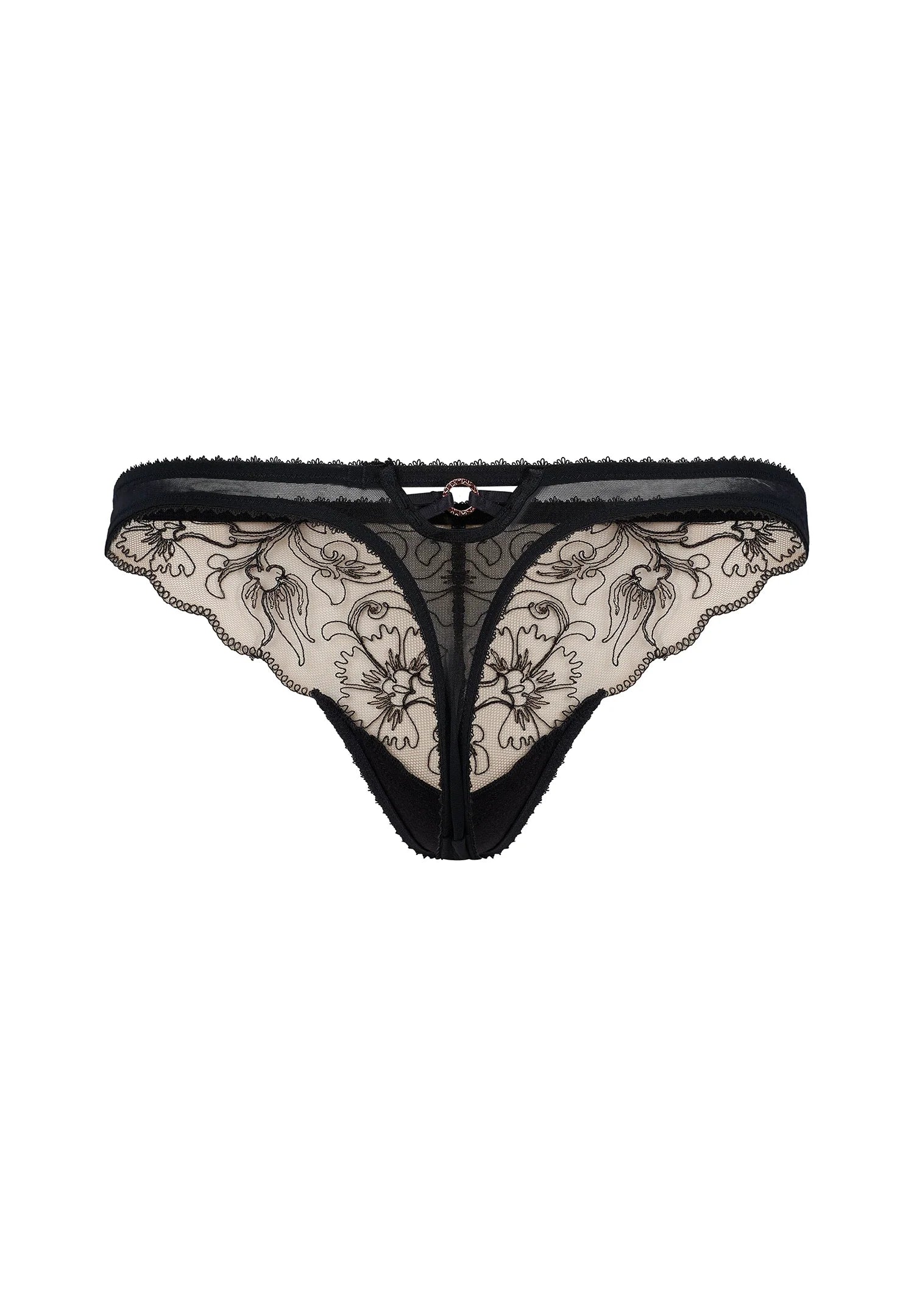 Gossard VIP Fleur Thong in sheer black with Swiss floral embroidery and gold accents, designed for elegant and luxurious intimate wear.