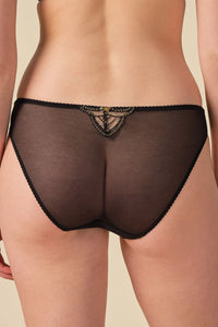 Back view of Gossard Viva Sheer Embroidered Panties in black, showcasing delicate sheer fabric and gold-accented lace detail at the waistband.