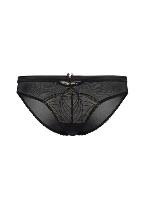 Flat lay of Gossard Viva Sheer Panties in black with embroidered front panel, satin stretch waistband, and gold embellishment for a luxe finish.