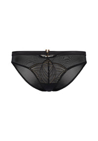 Flat lay of Gossard Viva Sheer Panties in black with embroidered front panel, satin stretch waistband, and gold embellishment for a luxe finish.