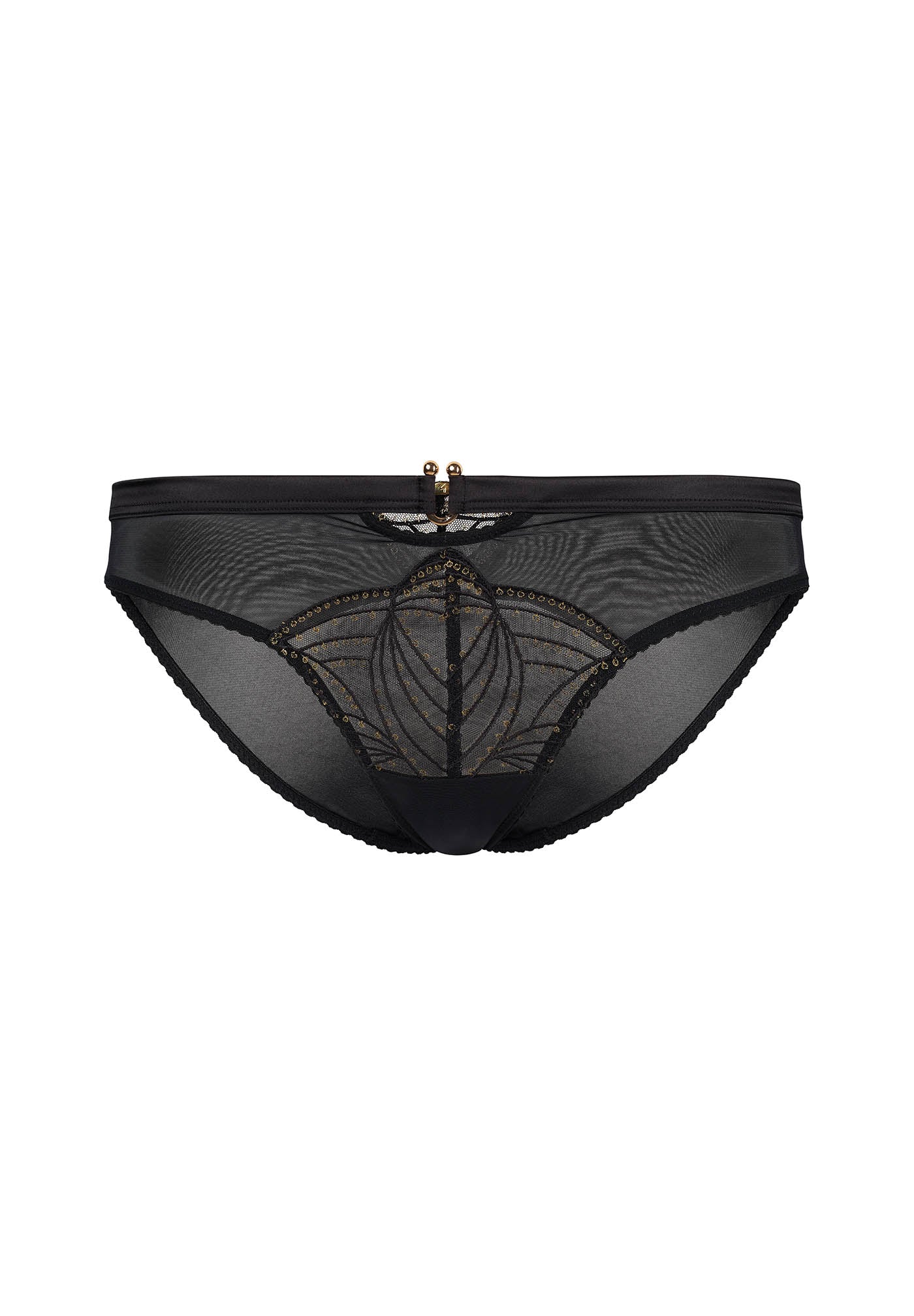 Flat lay of Gossard Viva Sheer Panties in black with embroidered front panel, satin stretch waistband, and gold embellishment for a luxe finish.