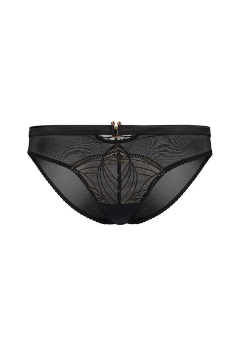 Flat lay of Gossard Viva Sheer Panties in black with embroidered front panel, satin stretch waistband, and gold embellishment for a luxe finish.