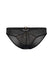 Flat lay of Gossard Viva Sheer Panties in black with embroidered front panel, satin stretch waistband, and gold embellishment for a luxe finish.