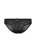 Flat lay of Gossard Viva Sheer Panties in black with embroidered front panel, satin stretch waistband, and gold embellishment for a luxe finish.