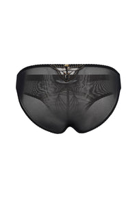 Back flat lay of Gossard Viva Sheer Embroidered Panties in black, featuring sheer mesh and gold-accented lace for a refined lingerie style.