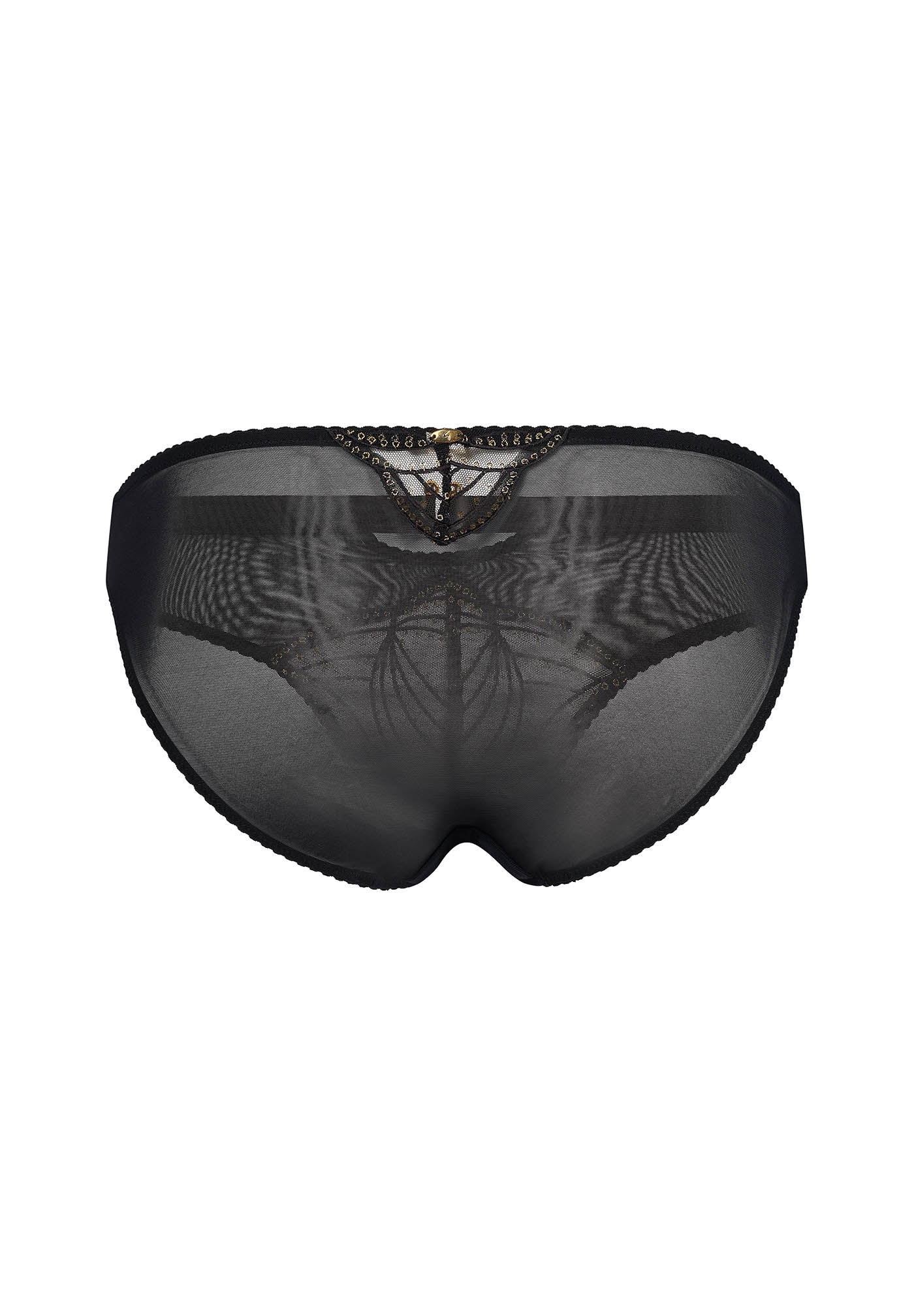 Back flat lay of Gossard Viva Sheer Embroidered Panties in black, featuring sheer mesh and gold-accented lace for a refined lingerie style.