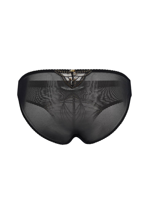 Back flat lay of Gossard Viva Sheer Embroidered Panties in black, featuring sheer mesh and gold-accented lace for a refined lingerie style.