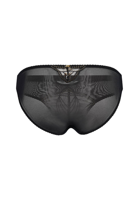 Back flat lay of Gossard Viva Sheer Embroidered Panties in black, featuring sheer mesh and gold-accented lace for a refined lingerie style.