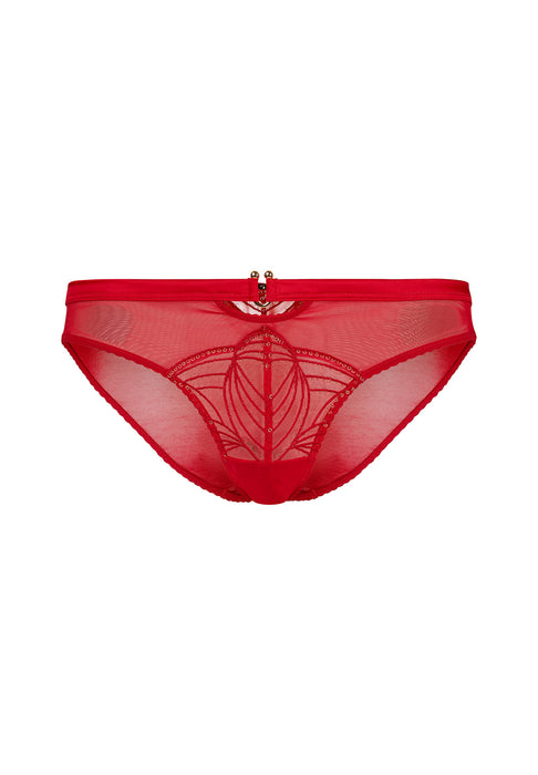 Flat lay of Gossard Red Embroidered Bikini Panties showing sheer front panel, gold accents, and floral embroidery for a luxury look.