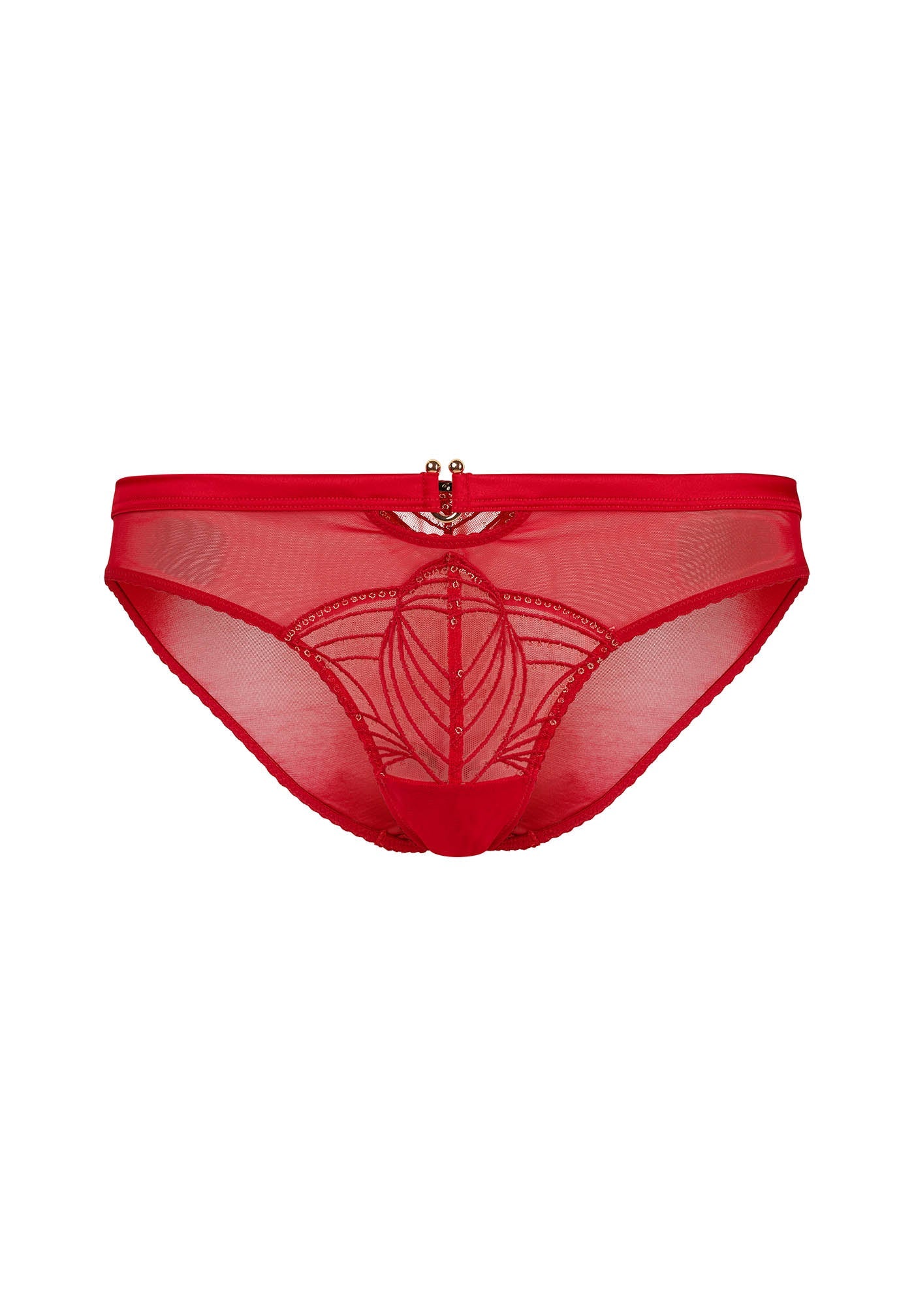 Flat lay of Gossard Red Embroidered Bikini Panties showing sheer front panel, gold accents, and floral embroidery for a luxury look.