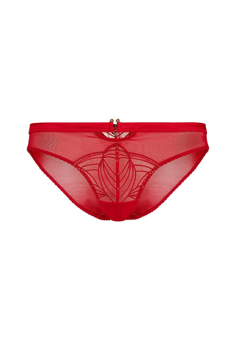 Flat lay of Gossard Red Embroidered Bikini Panties showing sheer front panel, gold accents, and floral embroidery for a luxury look.