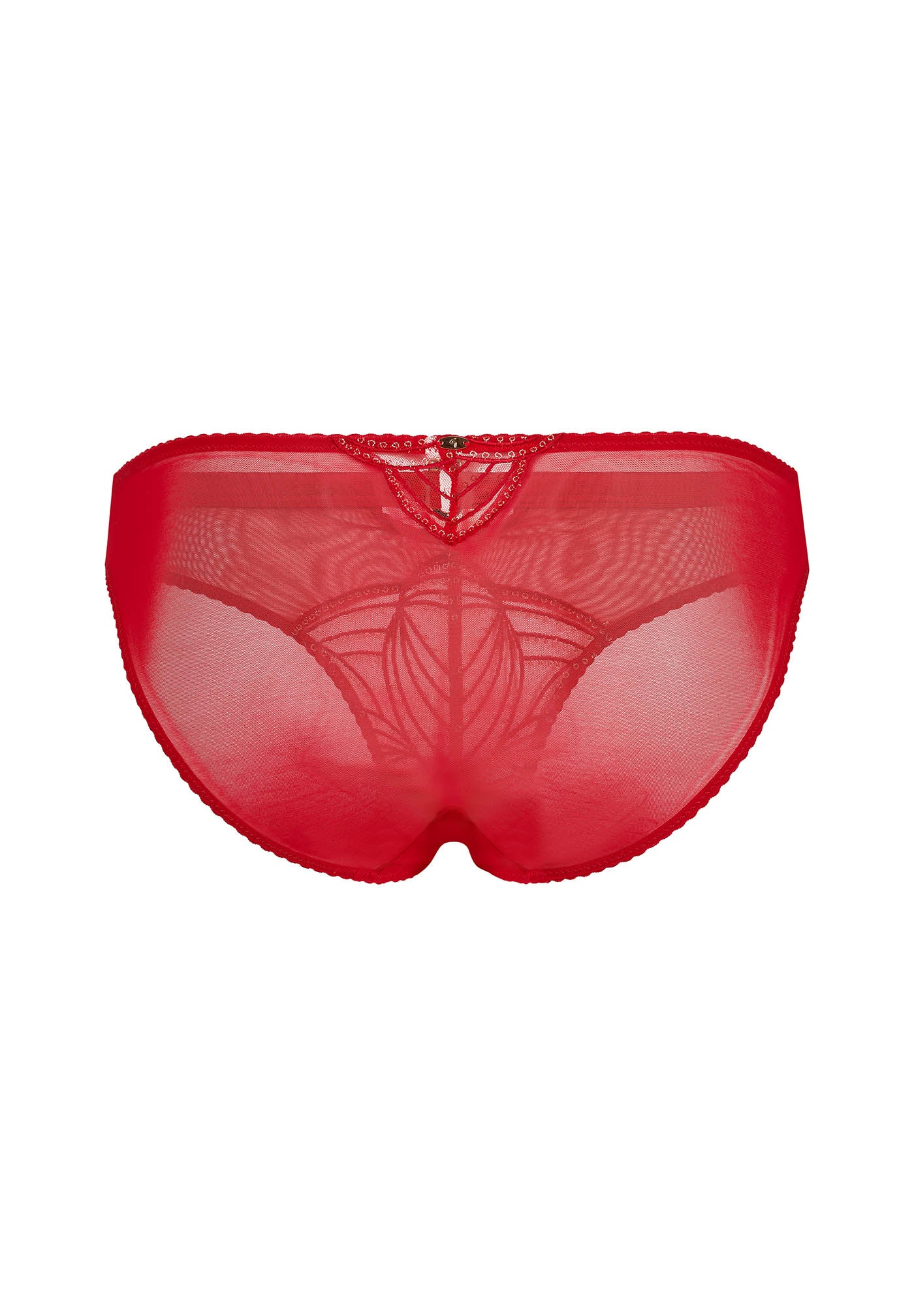Back flat lay of Gossard Red Bikini Panties with sheer mesh and embroidered detail, designed for a flattering and elegant fit.