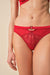 Close-up of Gossard Red Bikini Panties showcasing intricate embroidery, sheer mesh, and satin waistband with gold hardware.