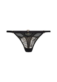 Flat lay of Gossard Sheer Thong Black - Viva Collection with sheer lace front, gold hardware, and low-rise waistband for a chic lingerie look.