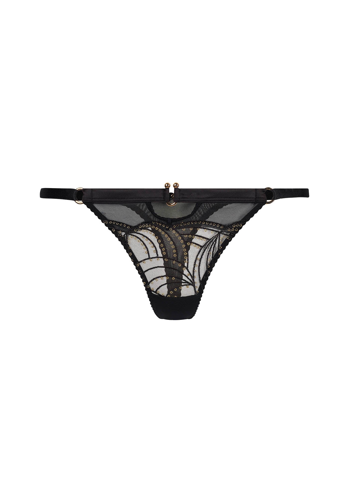 Flat lay of Gossard Sheer Thong Black - Viva Collection with sheer lace front, gold hardware, and low-rise waistband for a chic lingerie look.
