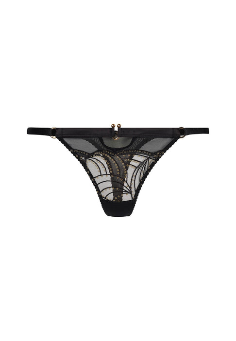 Flat lay of Gossard Sheer Thong Black - Viva Collection with sheer lace front, gold hardware, and low-rise waistband for a chic lingerie look.
