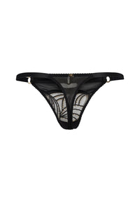 Back flat lay of Gossard Viva Sheer Thong Panty in black, showing sheer mesh and embroidered lace with gold detailing.