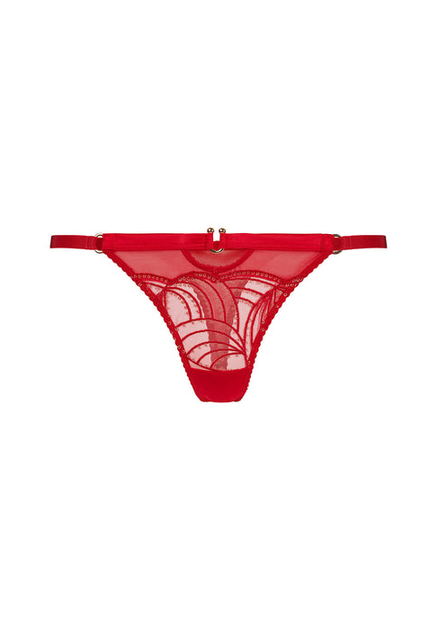 Viva Sheer Thong by Gossard in red with sheer mesh and gold accents, offering minimal coverage and VPL-free comfort for lingerie collections.