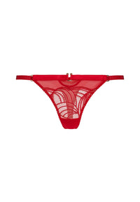 Viva Sheer Thong by Gossard in red with sheer mesh and gold accents, offering minimal coverage and VPL-free comfort for lingerie collections.