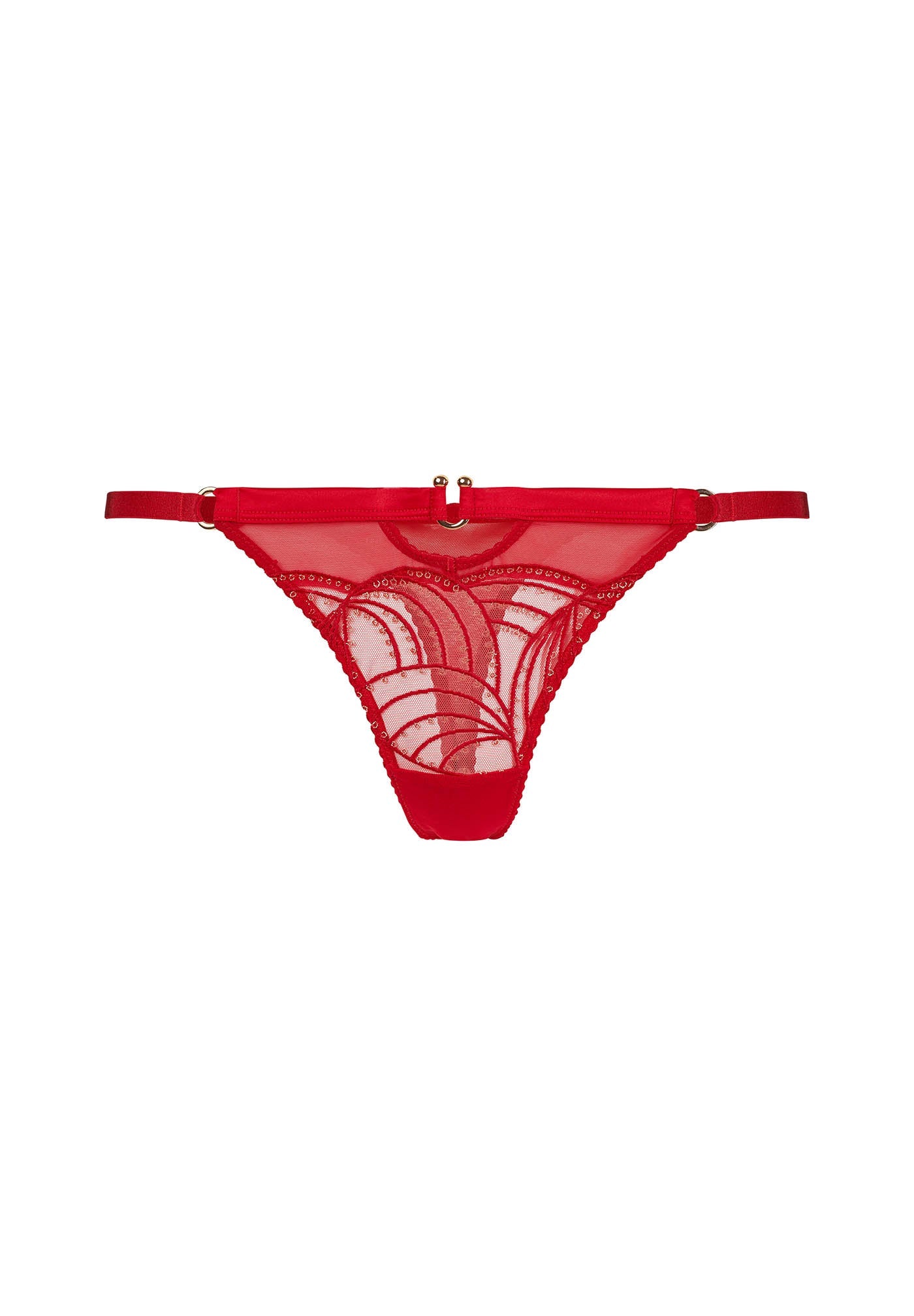 Viva Sheer Thong by Gossard in red with sheer mesh and gold accents, offering minimal coverage and VPL-free comfort for lingerie collections.