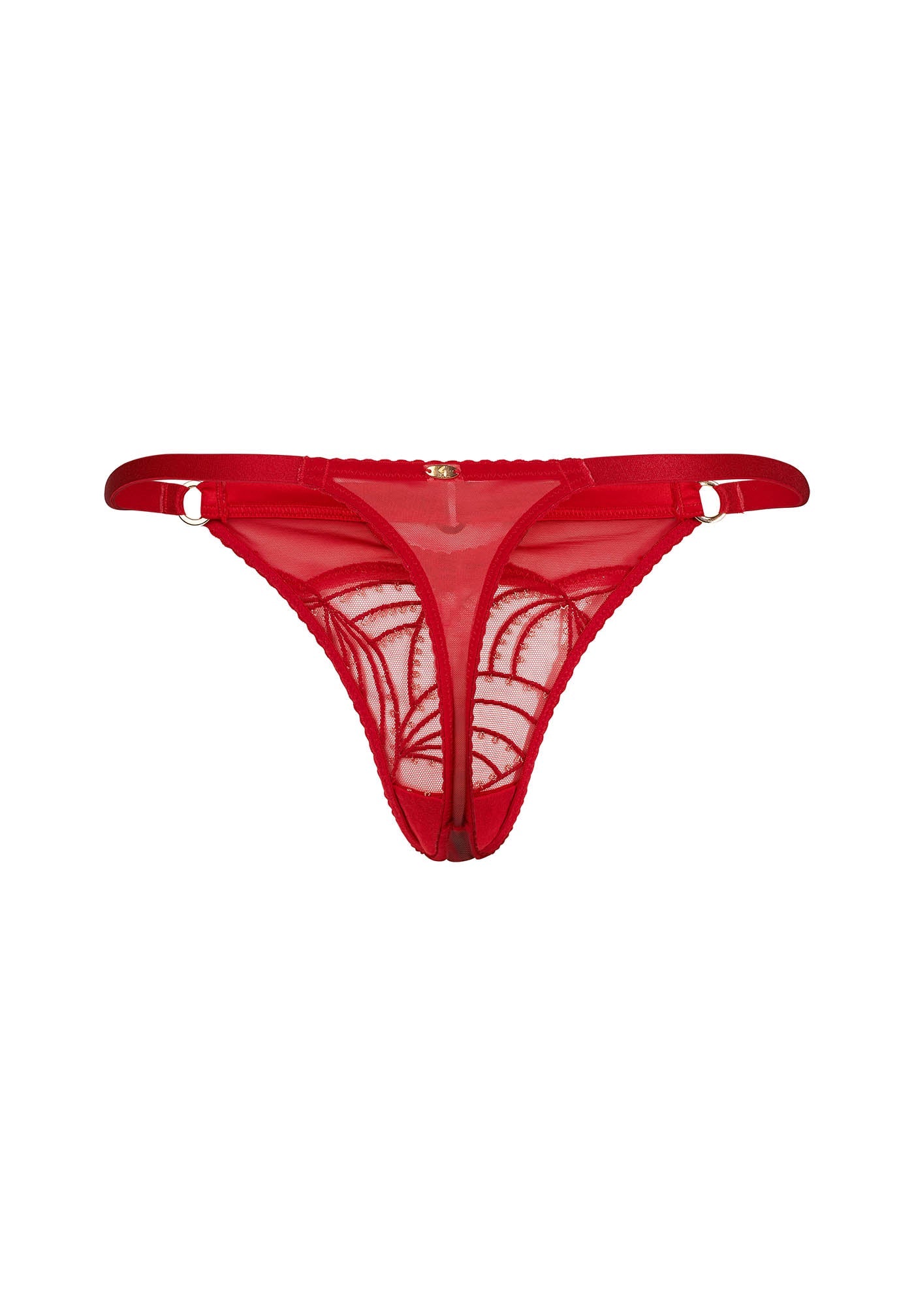 Viva Sheer Thong by Gossard in red with sheer mesh and embroidered detailing, featuring gold accents and minimal coverage for a VPL-free fit.
