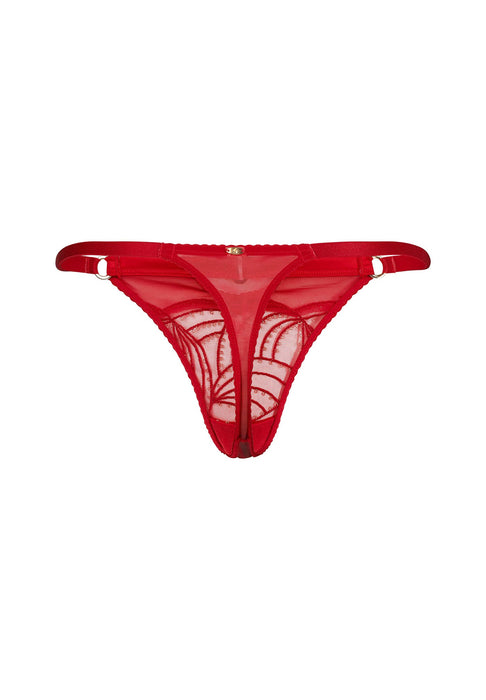 Viva Sheer Thong by Gossard in red with sheer mesh and embroidered detailing, featuring gold accents and minimal coverage for a VPL-free fit.