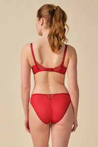 Rear view of Gossard Viva Sheer Plunge Bra Red with matching brief, showing smooth fabric and embroidered accents for a seamless fit.