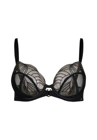 Viva Sheer Plunge Bra Black by Gossard featuring eye-catching embroidery, sheer mesh cups, and gold accents for a luxurious lingerie look.