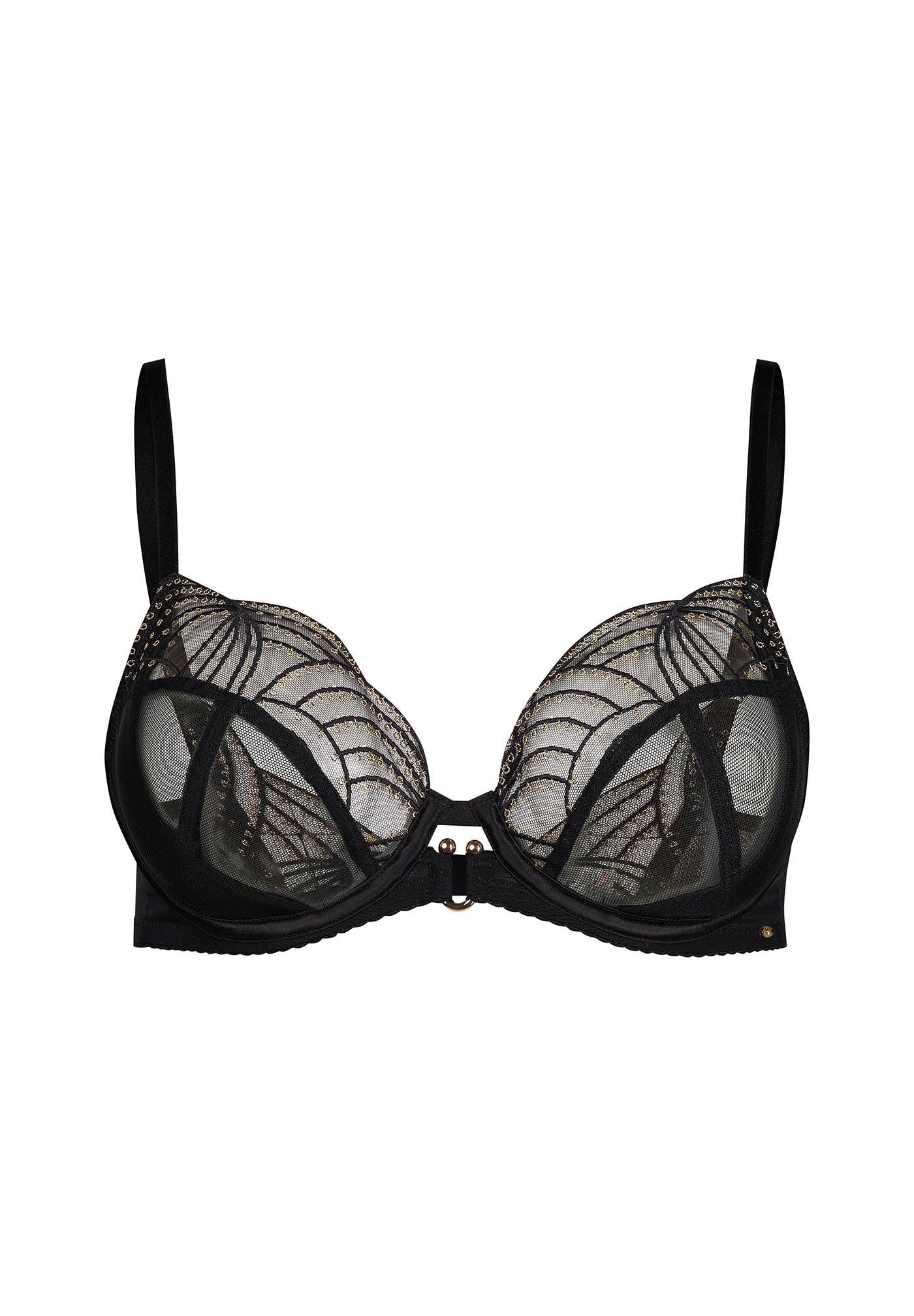 Viva Sheer Plunge Bra Black by Gossard featuring eye-catching embroidery, sheer mesh cups, and gold accents for a luxurious lingerie look.
