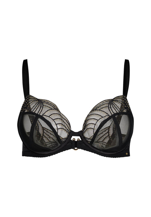 Viva Sheer Plunge Bra Black by Gossard featuring eye-catching embroidery, sheer mesh cups, and gold accents for a luxurious lingerie look.