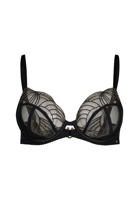 Viva Sheer Plunge Bra Black by Gossard featuring eye-catching embroidery, sheer mesh cups, and gold accents for a luxurious lingerie look.