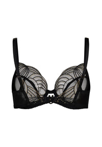 Viva Sheer Plunge Bra Black by Gossard featuring eye-catching gold embroidery, underwire support, and sheer mesh cups for elegant lingerie styling.
