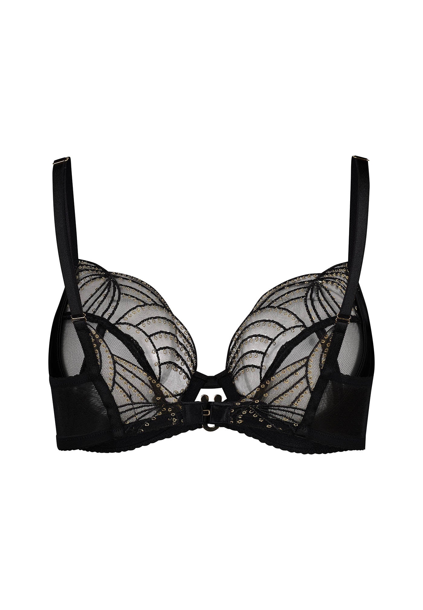 Viva Sheer Plunge Bra Black by Gossard featuring eye-catching gold embroidery, underwire support, and sheer mesh cups for elegant lingerie styling.