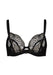Viva Sheer Plunge Bra Black by Gossard featuring eye-catching gold embroidery, underwire support, and sheer mesh cups for elegant lingerie styling.