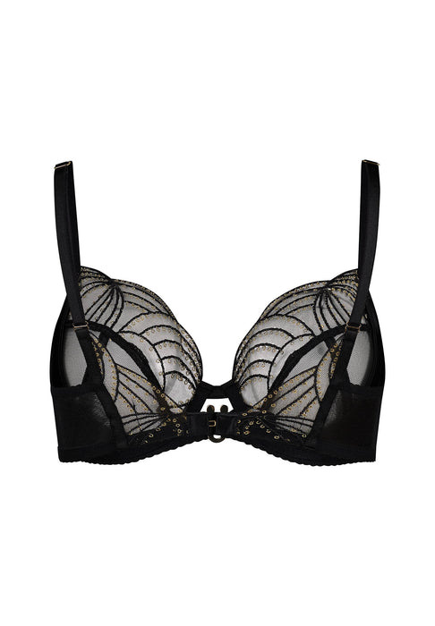 Viva Sheer Plunge Bra Black by Gossard featuring eye-catching gold embroidery, underwire support, and sheer mesh cups for elegant lingerie styling.
