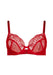 Front product shot of Gossard Viva Sheer Plunge Bra Red featuring sheer mesh cups, gold hardware, and intricate embroidery.
