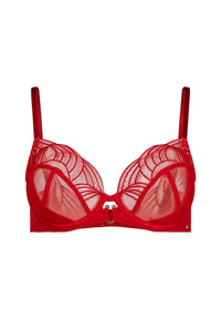 Front product shot of Gossard Viva Sheer Plunge Bra Red featuring sheer mesh cups, gold hardware, and intricate embroidery.