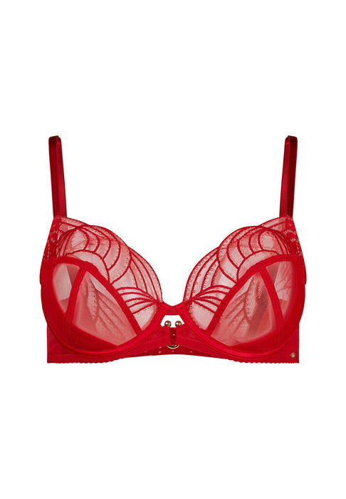 Front product shot of Gossard Viva Sheer Plunge Bra Red featuring sheer mesh cups, gold hardware, and intricate embroidery.