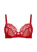 Front product shot of Gossard Viva Sheer Plunge Bra Red featuring sheer mesh cups, gold hardware, and intricate embroidery.